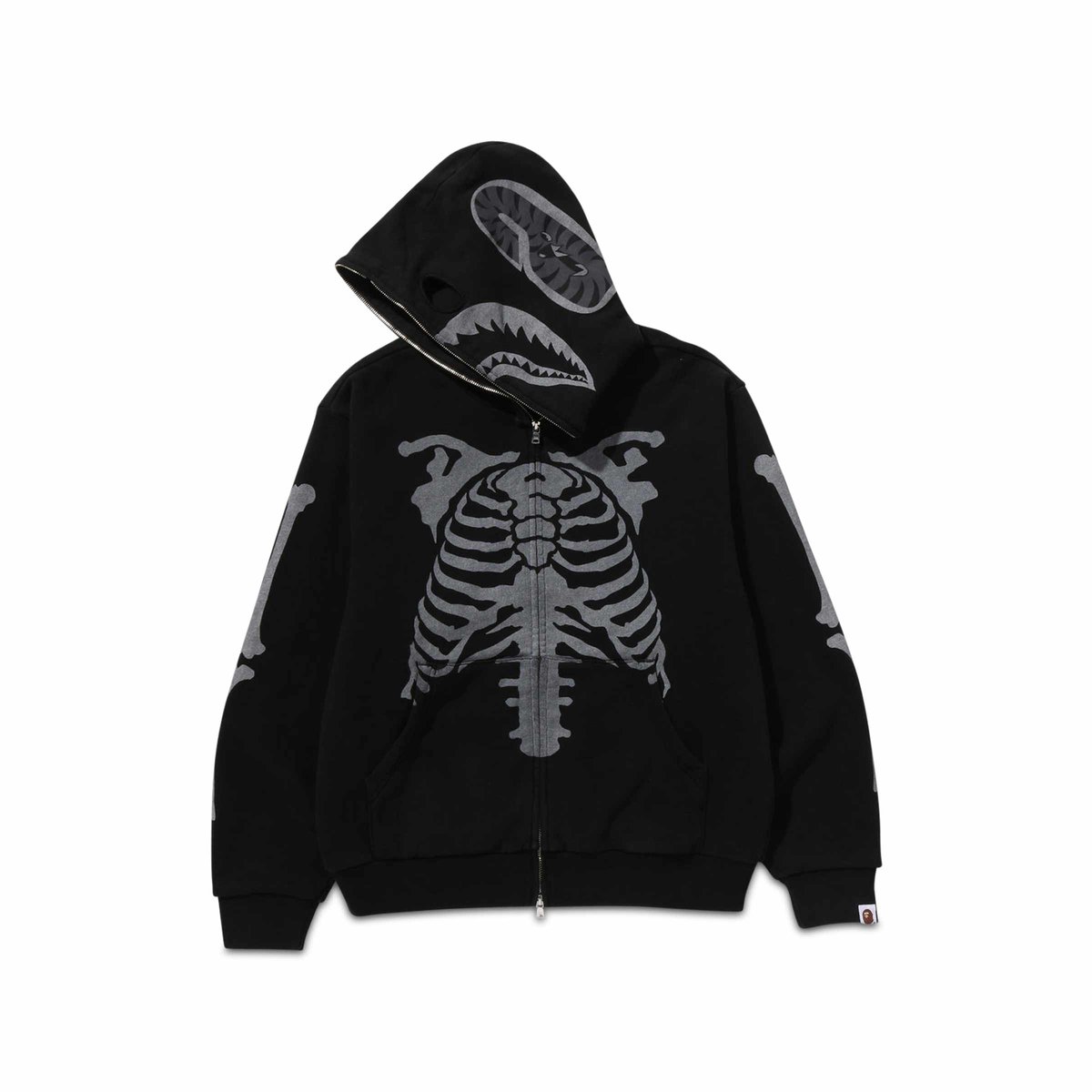 Skeleton Shark Heavy Washed Cropped Fit Full Zip Hoodie Black