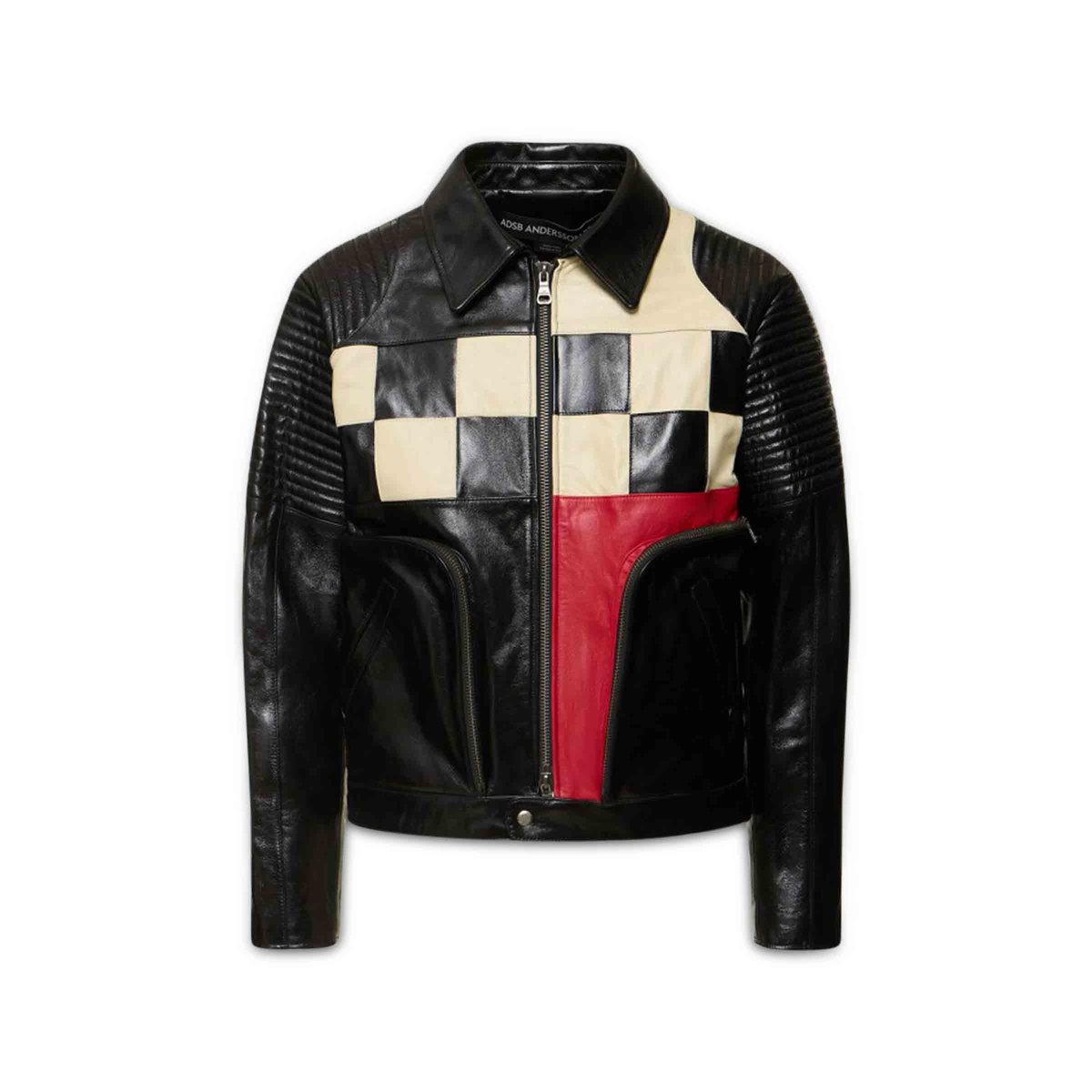 Checkerboard Patchwork Leather Biker Jacket Checkerboard Patchwork ...