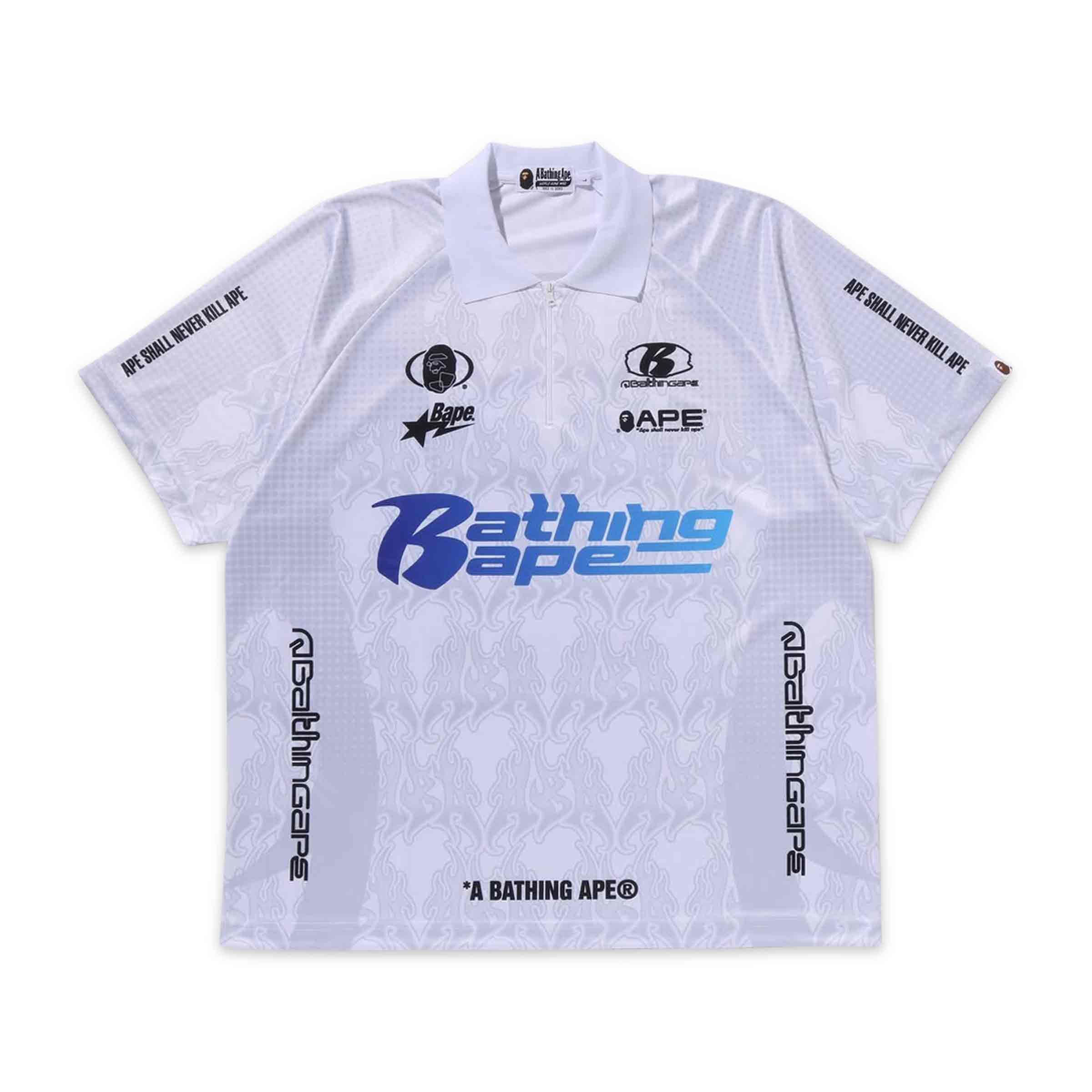 Flame Pattern Overall Print Half Zip Relax Fit Polo Shirt White