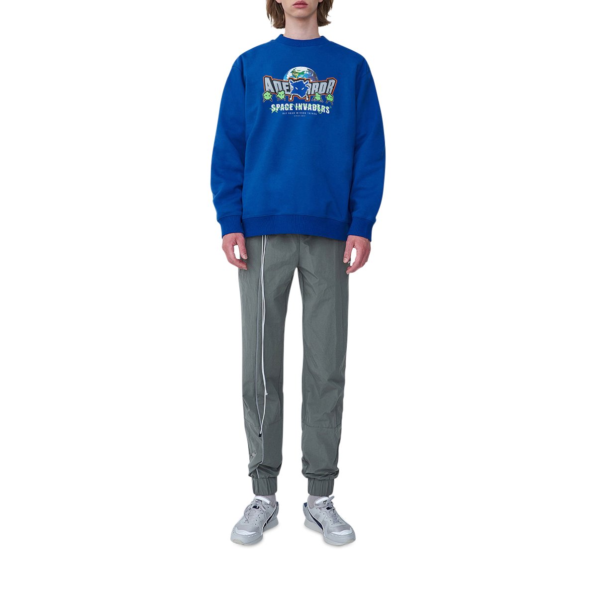ADER Error Earth Logo Crewneck Sweatshirt Blue Full Body Front