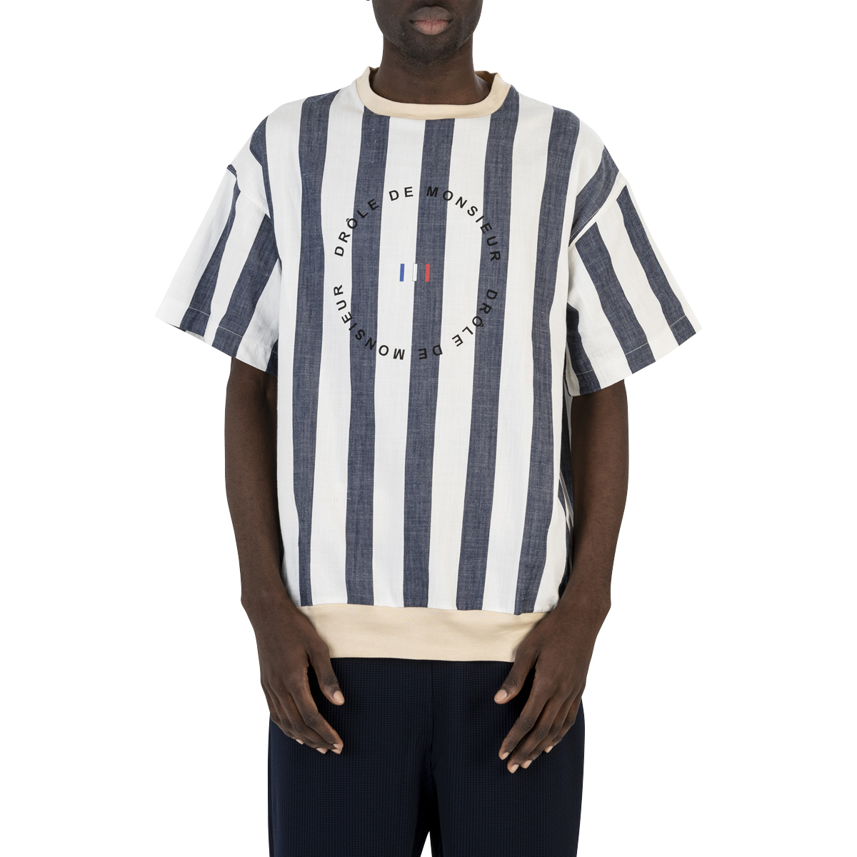 Drôle De Monsieur Stripy Woven T-Shirt - Navy | Subtype