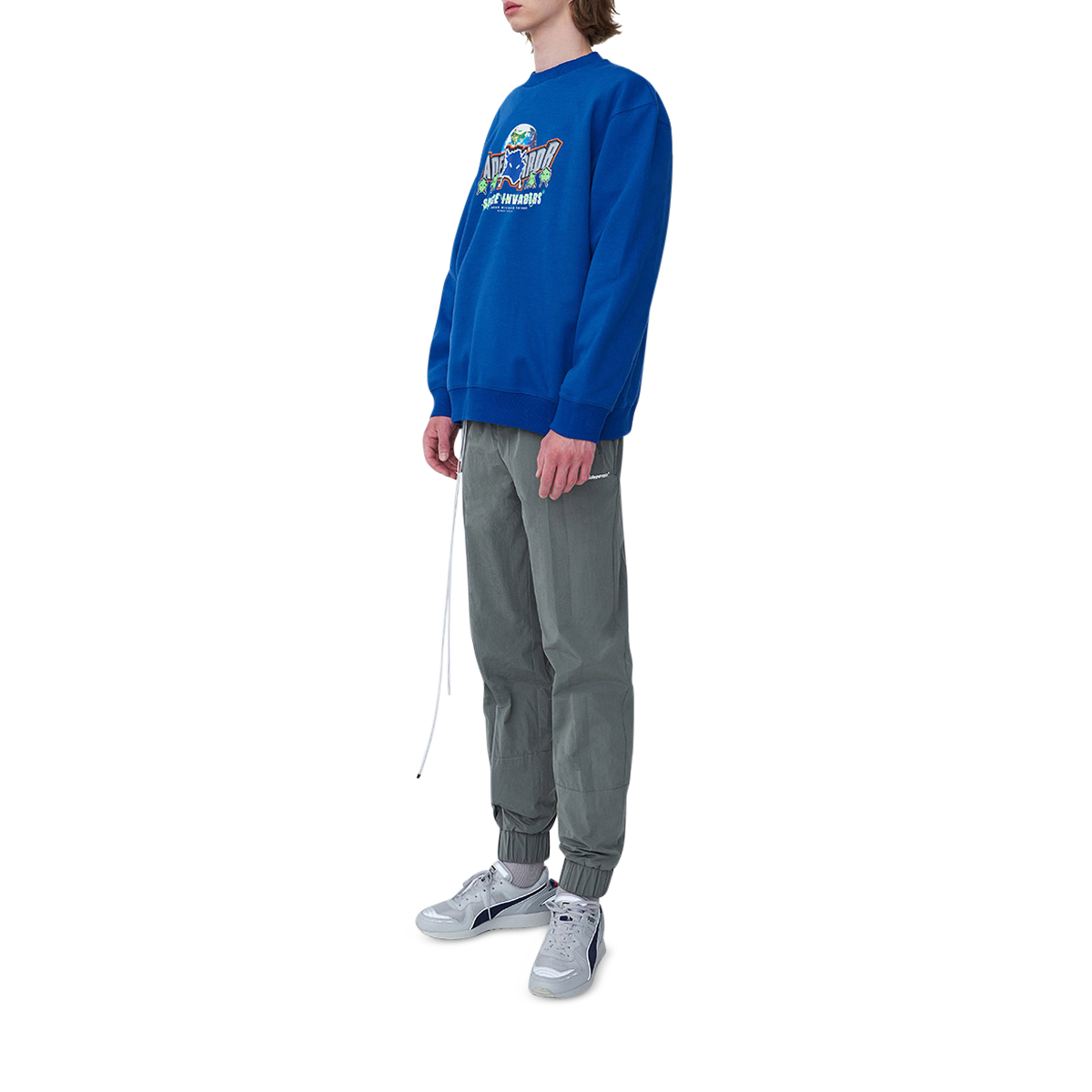 ADER Error Earth Logo Crewneck Sweatshirt Blue Full Body Angle